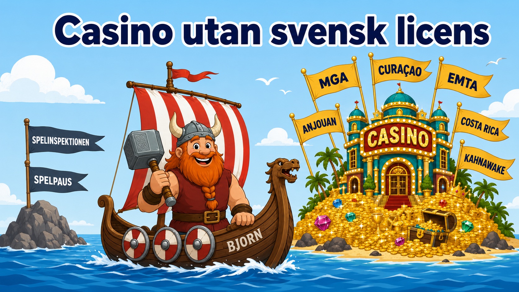 Casino utan svensk licens – vikingen Bjorn seglar från de svenska Spelpaus- och Spelinspektionen-öarna mot utländska casinon med MGA-, Curaçao-, EMTA-, Anjouan-, Costa Rica- och Kahnawake-licens